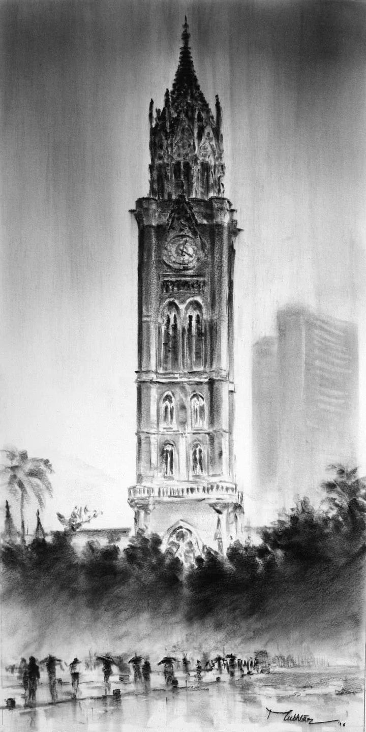 Cityscape charcoal painting titled 'Rajabai Clock Tower', 14x28 inches, by artist Mukhtar Kazi on Paper