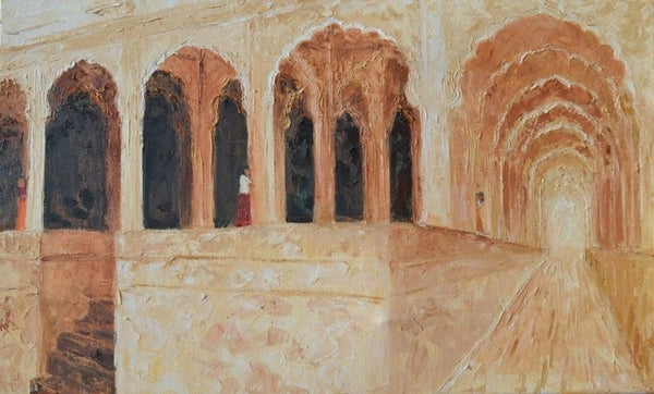 Cityscape oil painting titled 'Rajasthan Fort', 24x40 inches, by artist Jaya Javeri on Canvas