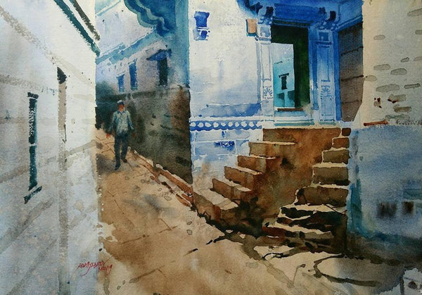 Cityscape watercolor painting titled 'Rajasthani Blue Home', 15x22 inches, by artist Abhijit Jadhav on Paper