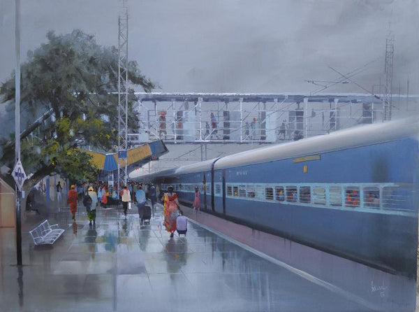 Cityscape acrylic painting titled 'Rajnandgaon Wet Platform II', 36x48 inches, by artist Bijay Biswaal on Canvas