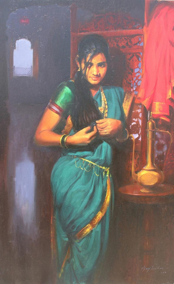 Realistic oil painting titled 'Rajnigandha', 55x36 inches, by artist Vijay Jadhav on Canvas