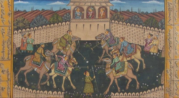 Figurative mughal traditional art titled 'Rajput Princesses Playing Chougan', 6x10 inches, by artist Unknown on Paper