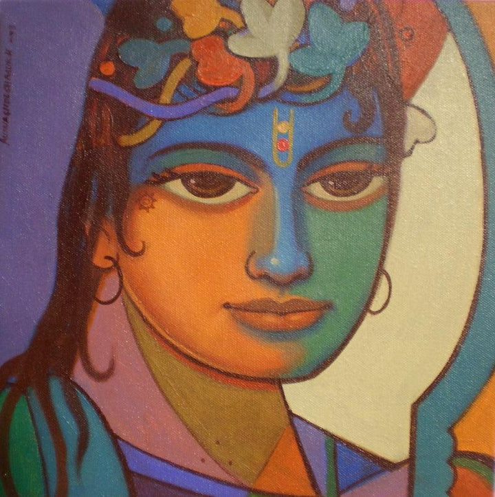 Religious acrylic painting titled 'Ram', 12x12 inches, by artist Avinash Deshmukh on Canvas