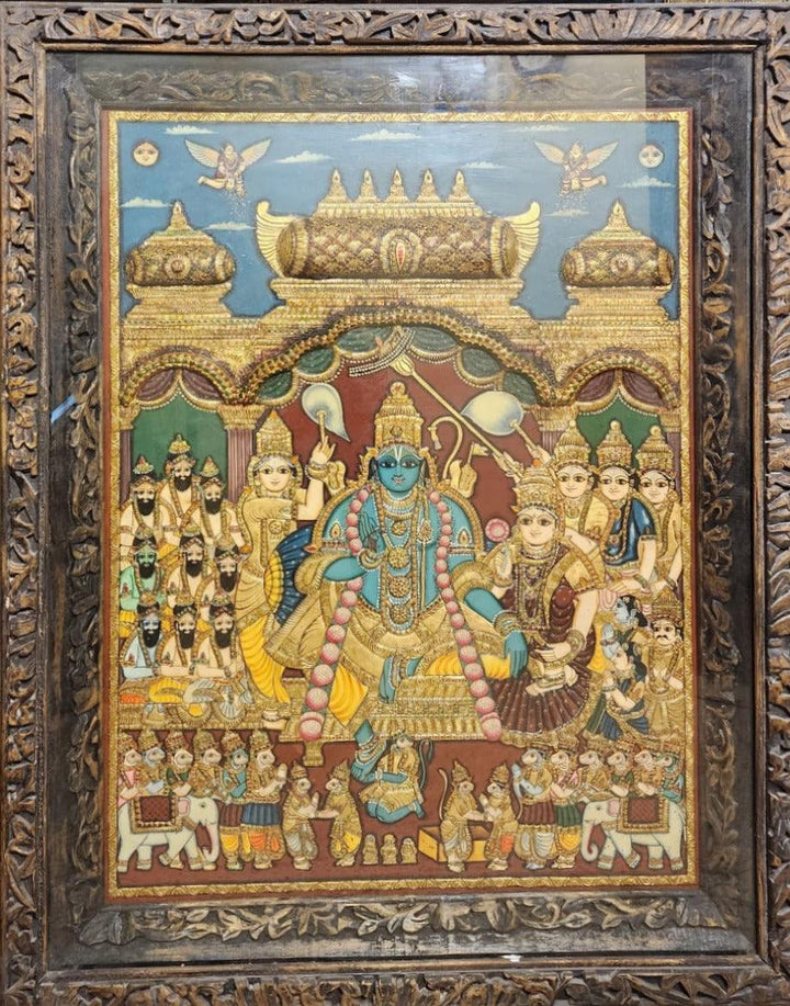 Religious tanjore traditional art titled 'Ram Darbaar', 60x48 inches, by artist Unknown on Wood