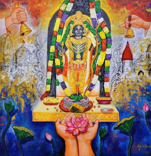 Religious acrylic painting titled 'Ram Lalla Pran Pratishtha', 48x48 inches, by artist Arjun Das on Canvas