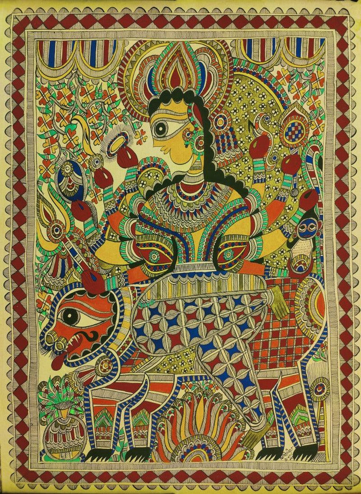 Religious madhubani traditional art titled 'Ram Sita 1', 30x22 inches, by artist Mithilesh Jha on Paper