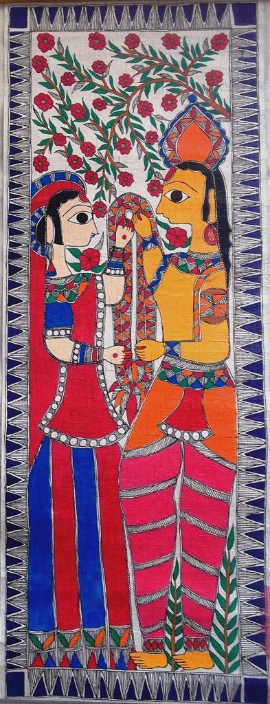 Religious acrylic painting titled 'Ram Sita', 12x30 inches, by artist Preeti Das on Canvas