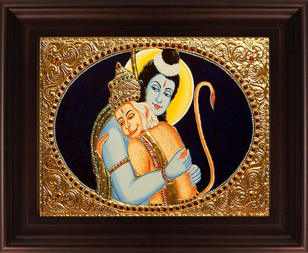 Religious tanjore traditional art titled 'Rama Hanuman Tanjore Painting', 18x24 inches, by artist Myangadi Tanjore on Plywood