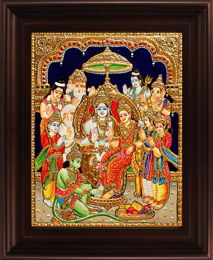 Religious tanjore traditional art titled 'Ramar Pattabishekam Tanjore Painting', 24x18 inches, by artist Myangadi Tanjore on Plywood