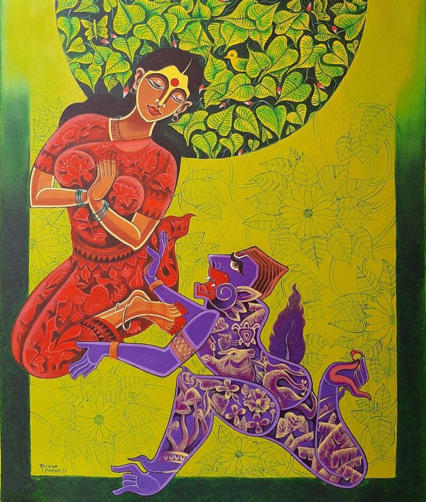 Religious acrylic painting titled 'Ramayana Series 2', 36x30 inches, by artist Ramana Peram on Canvas