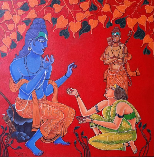 Religious acrylic painting titled 'Ramayana Series 3', 30x30 inches, by artist Ramana Peram on Canvas