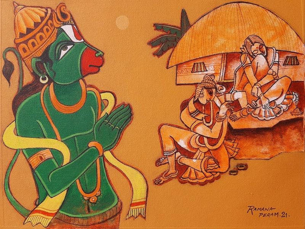 Religious acrylic painting titled 'Ramayana Series 4', 12x16 inches, by artist Ramana Peram on Canvas