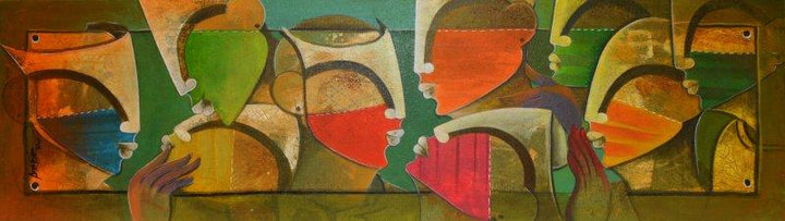 Figurative mixed media painting titled 'Rang Barse', 12x40 inches, by artist Anupam Pal on Canvas