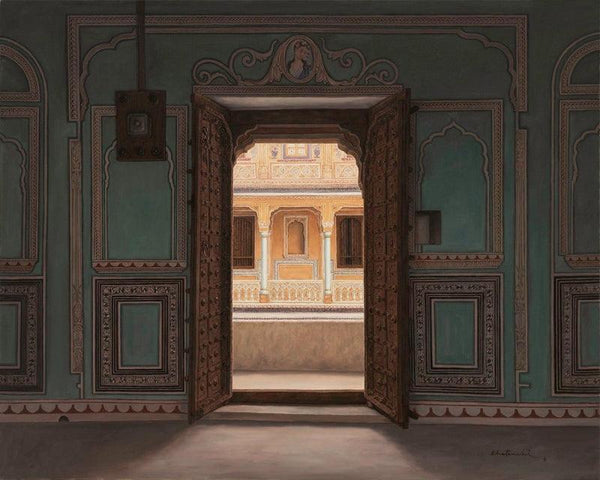 Cityscape oil painting titled 'Rang Mahal', 48x60 inches, by artist Gopal Khetanchi on Canvas