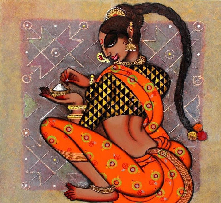 Figurative acrylic painting titled 'Rangoli', 30x30 inches, by artist Varsha Kharatamal on Canvas