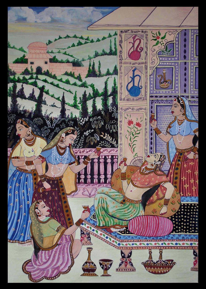 Figurative mixed media painting titled 'Rani enjoying drink with her attendants', 20x13 inches, by artist Radhika Ulluru on Paper