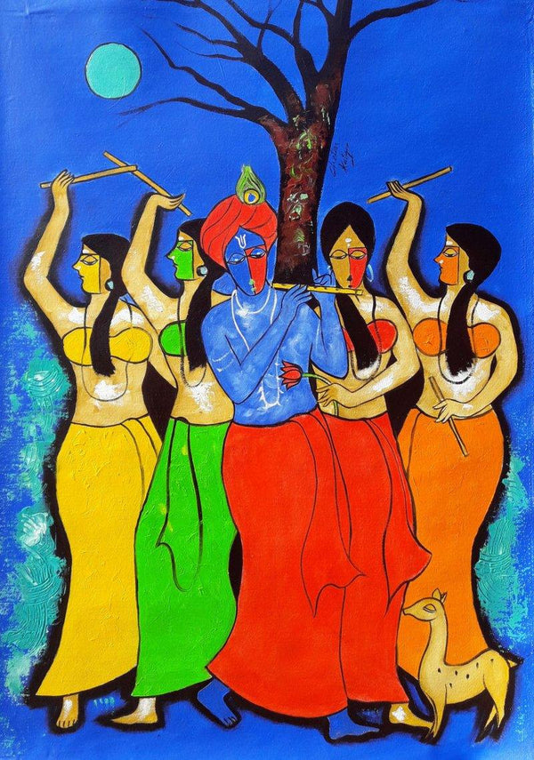 Figurative mixed media painting titled 'Ras Leela', 36x25 inches, by artist Chetan Katigar on Canvas