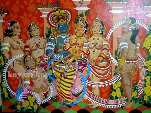 Religious acrylic painting titled 'Rasaleela', 48x36 inches, by artist Narayanankutty Kasthuril on Canvas Board