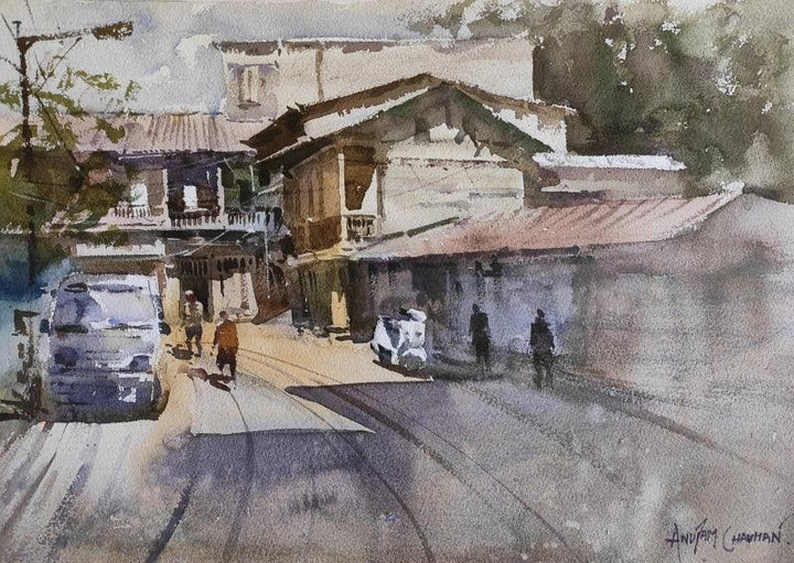 Cityscape watercolor painting titled 'Rastapeth', 13x19 inches, by artist Anupam Chauhan on Paper