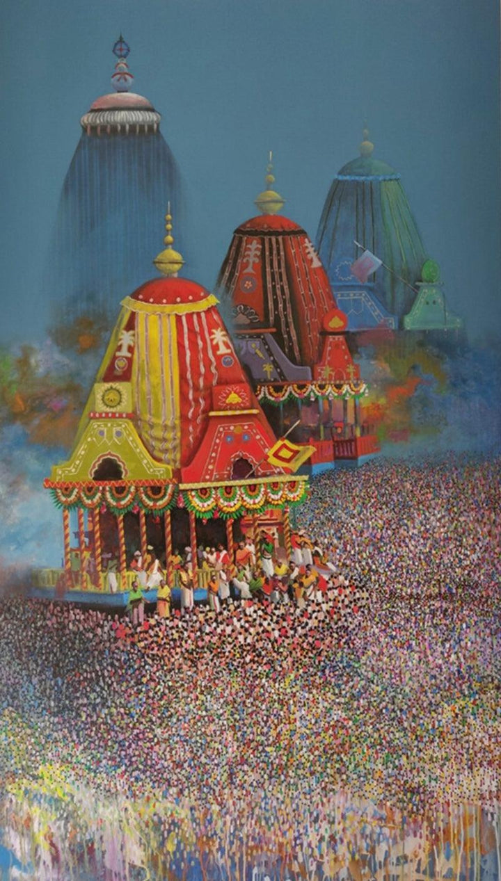 Religious acrylic painting titled 'Rathayatra', 84x48 inches, by artist Amol Satre on Canvas