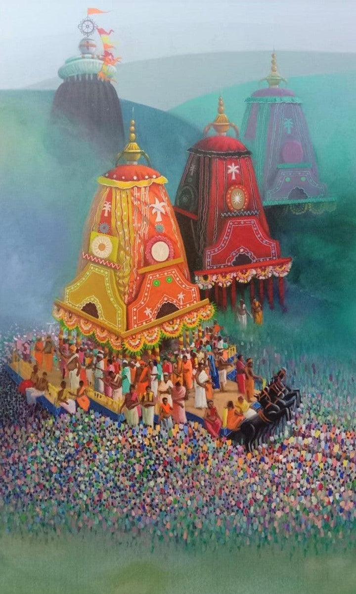 Religious acrylic painting titled 'Rathyatra 2', 60x36 inches, by artist Amol Satre on Canvas