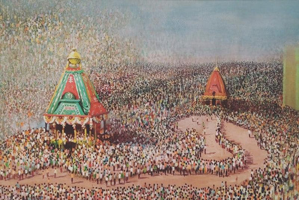 Religious acrylic painting titled 'Rathyatra', 24x36 inches, by artist Amol Satre on Canvas