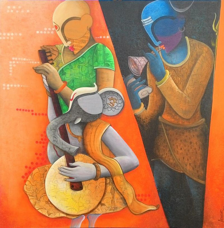 Figurative acrylic painting titled 'Rathym Divine5', 40x40 inches, by artist Anupam Pal on Canvas