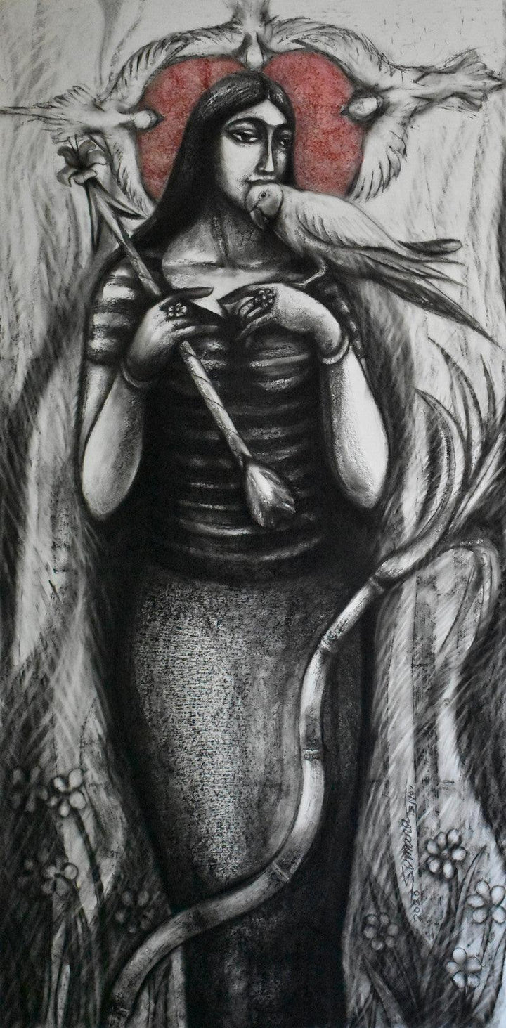 Figurative dry pastel drawing titled 'Rati', 60x30 inches, by artist Sumana Nath De on Paper