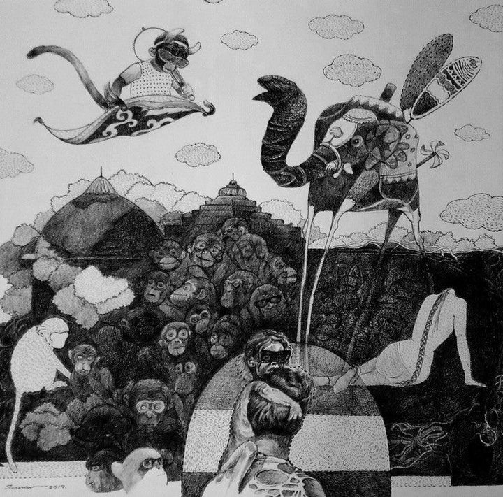 Figurative pen ink drawing titled 'Reality Show', 20x20 inches, by artist Sourav Nandy on Paper