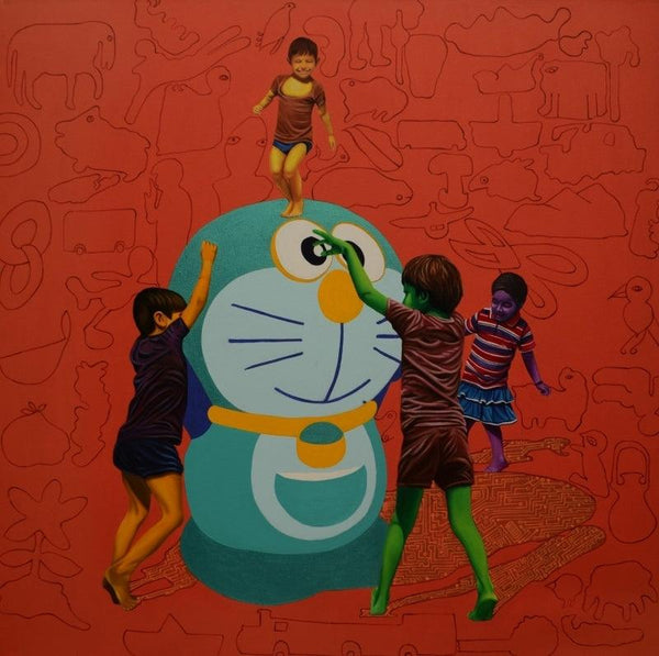 contemporary acrylic oil painting titled 'Recreating Childhood', 48x48 inches, by artist Jitendra Saini on Canvas