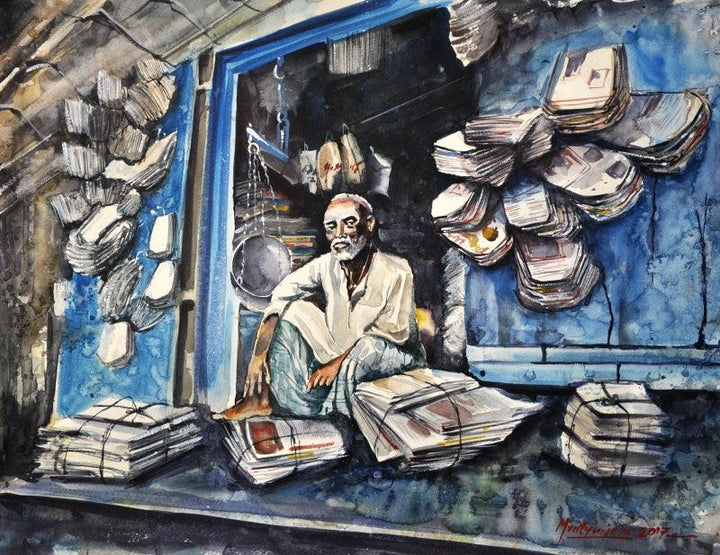 Lifestyle watercolor painting titled 'RECYCLE', 26x20 inches, by artist Mrutyunjaya Dash on Paper