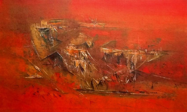 Abstract acrylic painting titled 'Red 17 Dd', 30x18 inches, by artist Dnyaneshwar Dhavale on Canvas