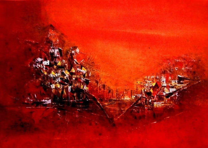 Abstract acrylic painting titled 'Red 18', 24x36 inches, by artist Dnyaneshwar Dhavale on canvas