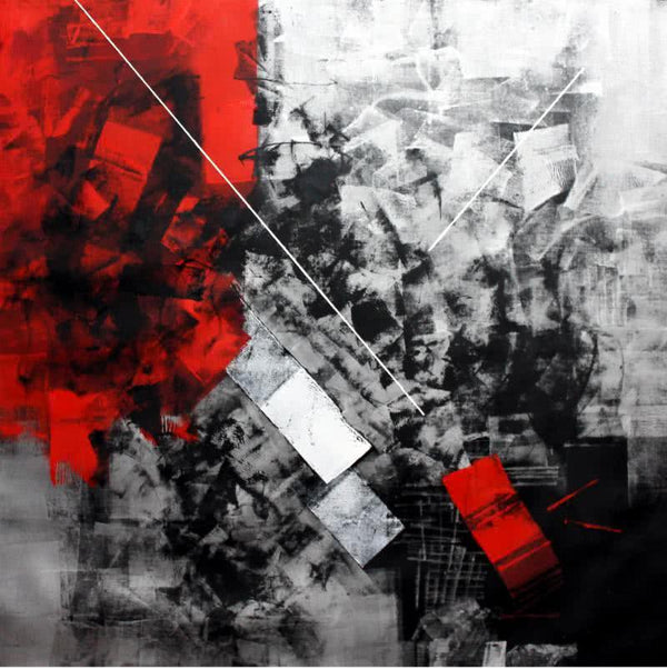 Abstract oil painting titled 'Red Abstract I', 40x40 inches, by artist Sudhir Talmale on Canvas