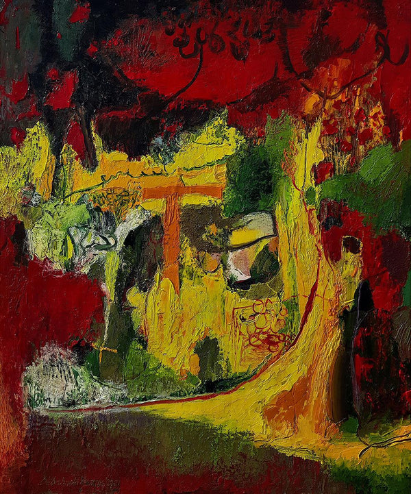 Abstract oil painting titled 'Red And Woods', 36x30 inches, by artist Debabrata Hazra on Canvas