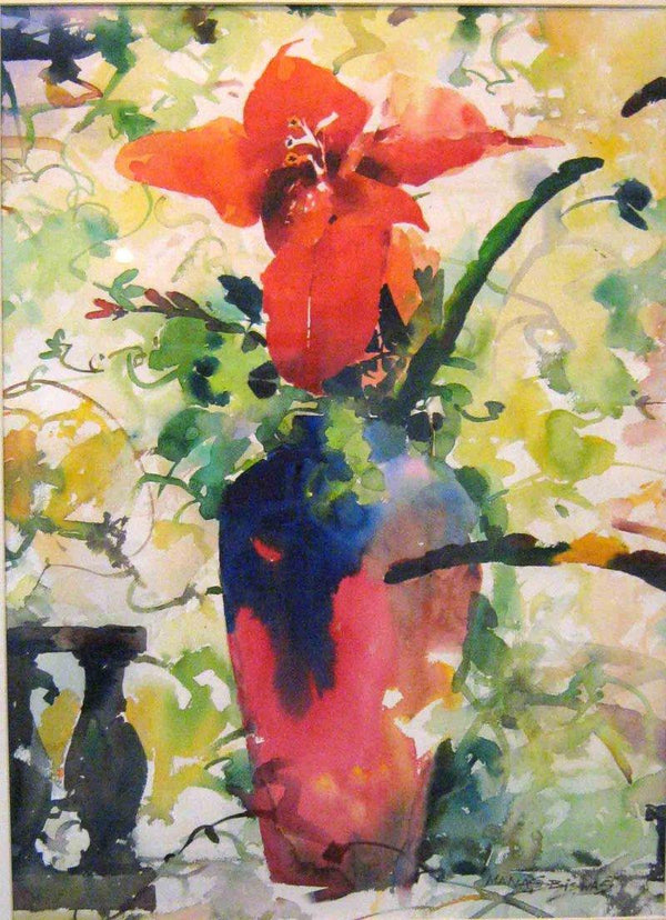 Nature watercolor painting titled 'Red Flower With Vase', 22x30 inches, by artist Manas  Biswas on Paper