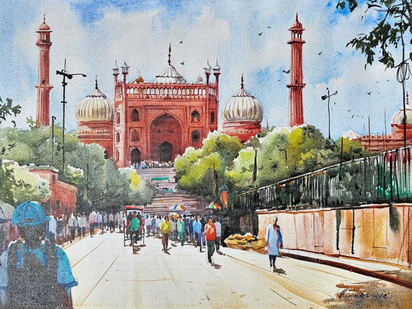 Cityscape acrylic painting titled 'Red Fort Delhi', 18x24 inches, by artist Ranabir Saha on Canvas