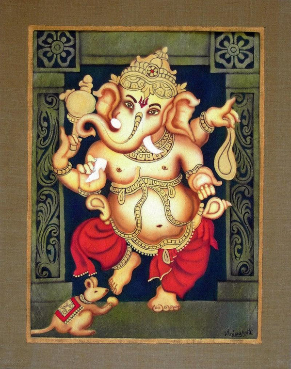 Religious airbrush painting titled 'Red Ganesha', 34x28 inches, by artist Vishwajyoti Mohrhoff on Canvas