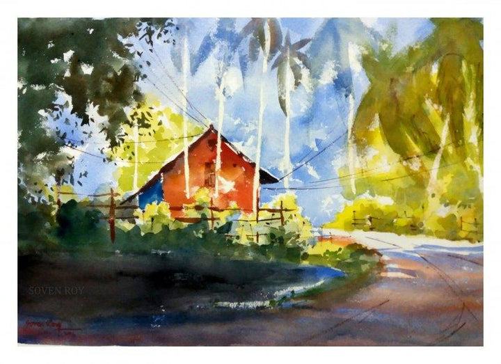 Landscape watercolor painting titled 'Red House At The Corner 1', 20x14 inches, by artist Soven Roy on Paper