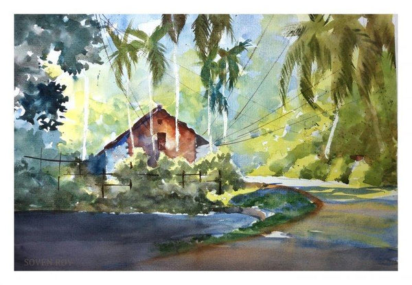 Landscape watercolor painting titled 'Red House At The Corner 2', 20x14 inches, by artist Soven Roy on Paper