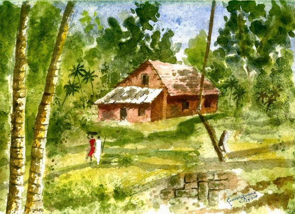 Nature watercolor painting titled 'Red House At Thiruvanantpuram', 10x14 inches, by artist Ramessh Barpande on Paper