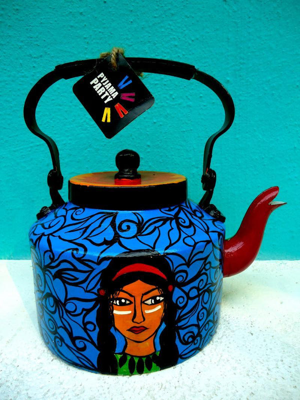 Lifestyle craft titled 'Red Indian Tea Kettle', 9x9x7 inches, by artist Rithika Kumar on Aluminium