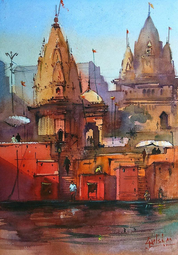 Scenic watercolor painting titled 'Red Is Holy', 18x13 inches, by artist Gulshan Achari on Paper