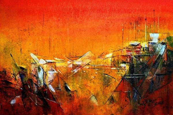 Abstract acrylic painting titled 'Red IX', 18x12 inches, by artist Dnyaneshwar Dhavale on canvas