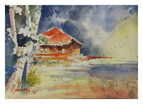 Landscape watercolor painting titled 'Red Konkan House 2', 14x10 inches, by artist Soven Roy on Paper