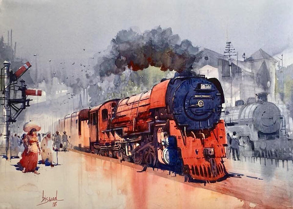 Cityscape watercolor painting titled 'Red Steam Loco', 22x30 inches, by artist Bijay Biswaal on Paper