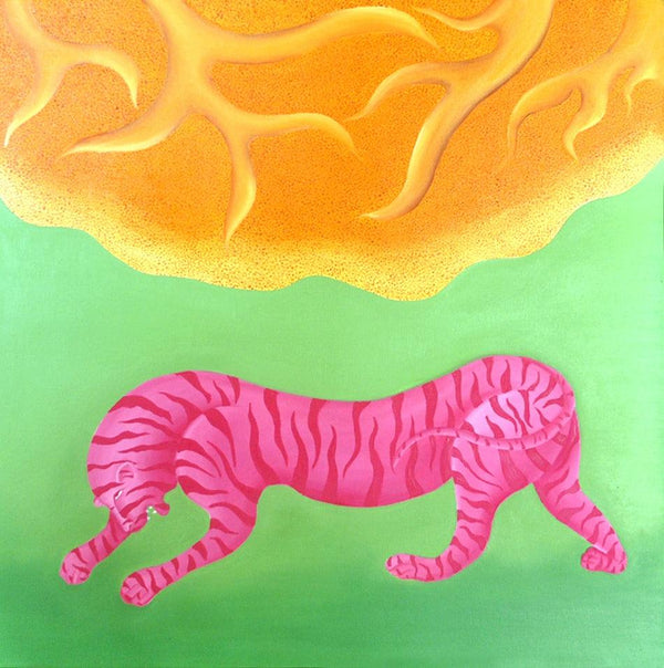 Animals oil painting titled 'Red Tiger', 36x36 inches, by artist Naveena Ganjoo on Canvas