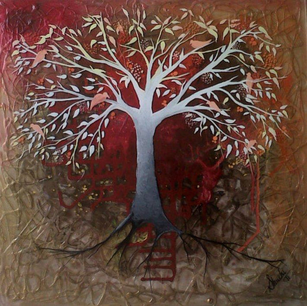 Realistic mixed media painting titled 'Red Tree', 18x18 inches, by artist Shuchi Khanna on Canvas