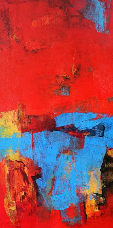 Abstract acrylic painting titled 'Red Vertical Abstract I', 36x18 inches, by artist Siddhesh Rane on Canvas