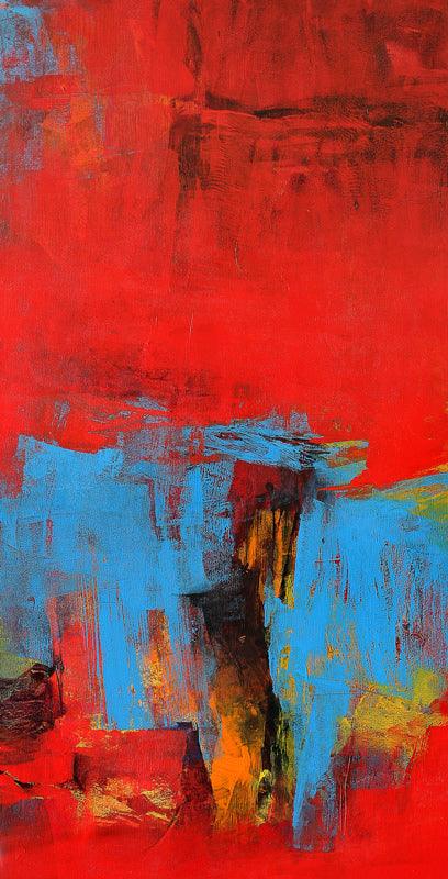 Abstract acrylic painting titled 'Red Vertical Abstract II', 36x18 inches, by artist Siddhesh Rane on Canvas